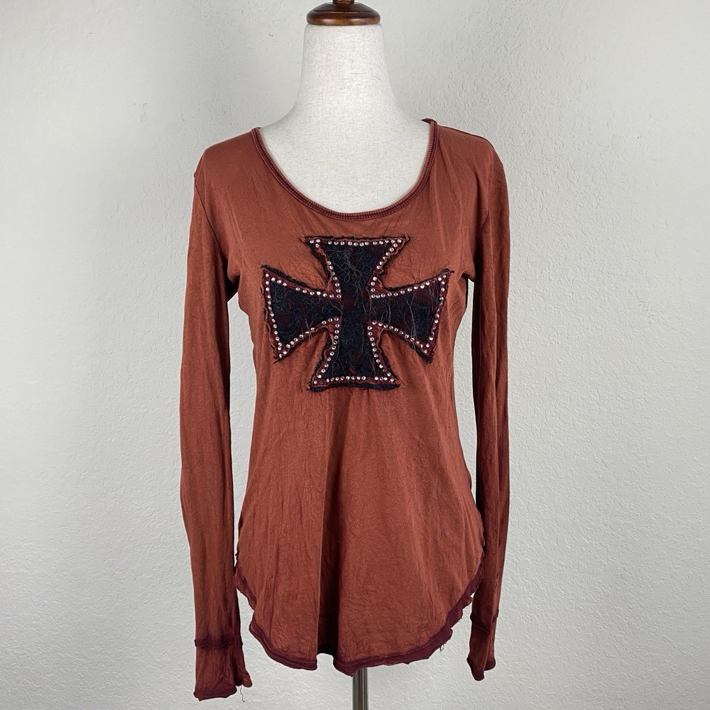 Vtg Size M Velvet Stone Long Sleeve T Shirt Cross Grunge Emo Gothic Distressed
